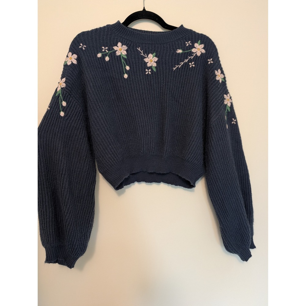 ROMWE Womens Floral Embroidered Chunky Knit Cropped Sweater Navy Blue L US 8/10